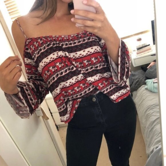 New H&M x Coachella elephant tribal festival bohemian boho cold shoulder blouse - Picture 1 of 14